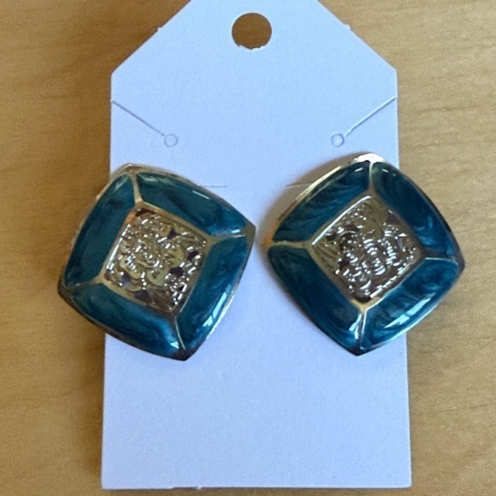 Teal and Silver Square Earrings